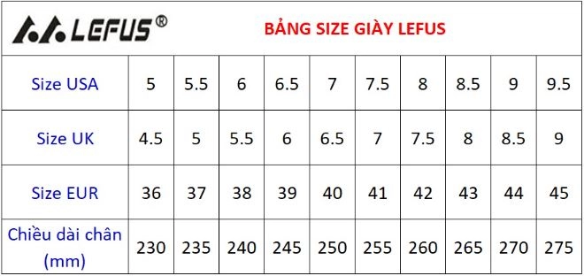 Bảng size Giày cầu lông Lefus L029 - Vàng xanh ngọc