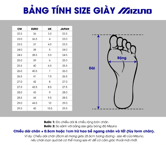 Bảng size của giày cầu lông Mizuno Sky Blaster 3 - Xanh Biển chính hãng