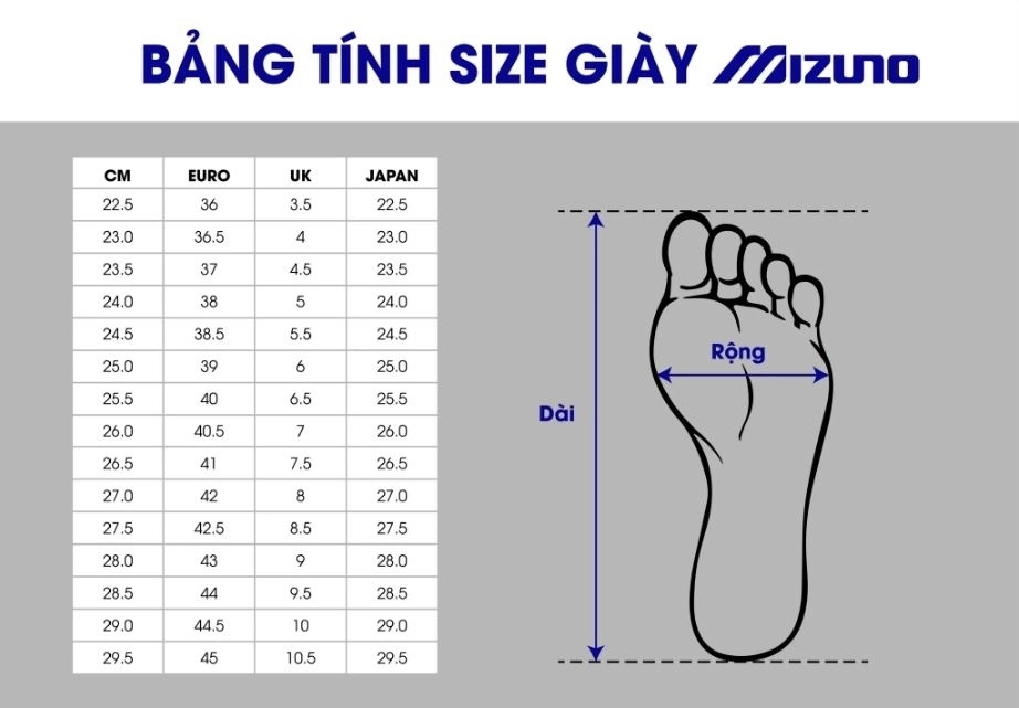 Bảng size Giày cầu lông Mizuno Wave Fang El 2 - Trắng đen chính hãng (71GA242302)