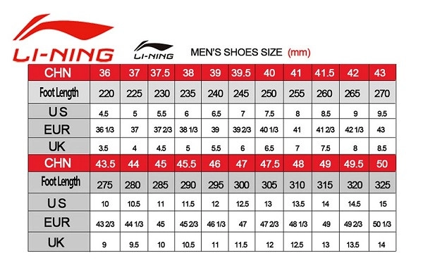 bảng size giày cầu lông Lining