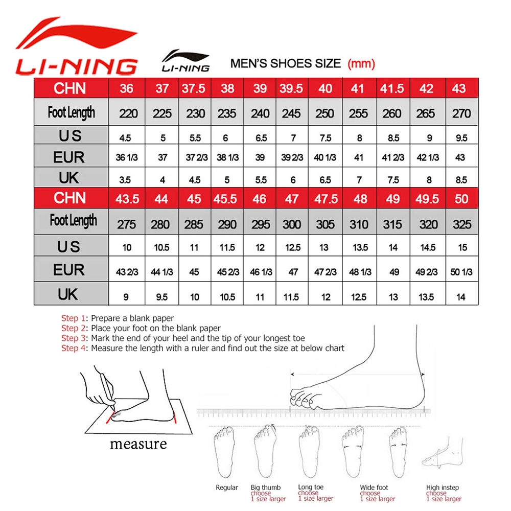 Bảng size giày cầu lông Lining